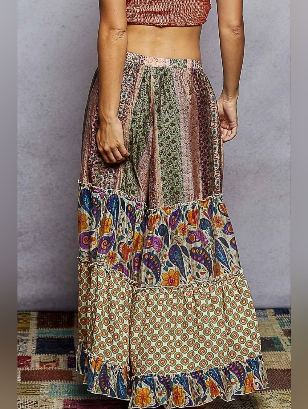 089 POL The Drift 1 Vibrant Patchwork Boho Pants In Sage Multi